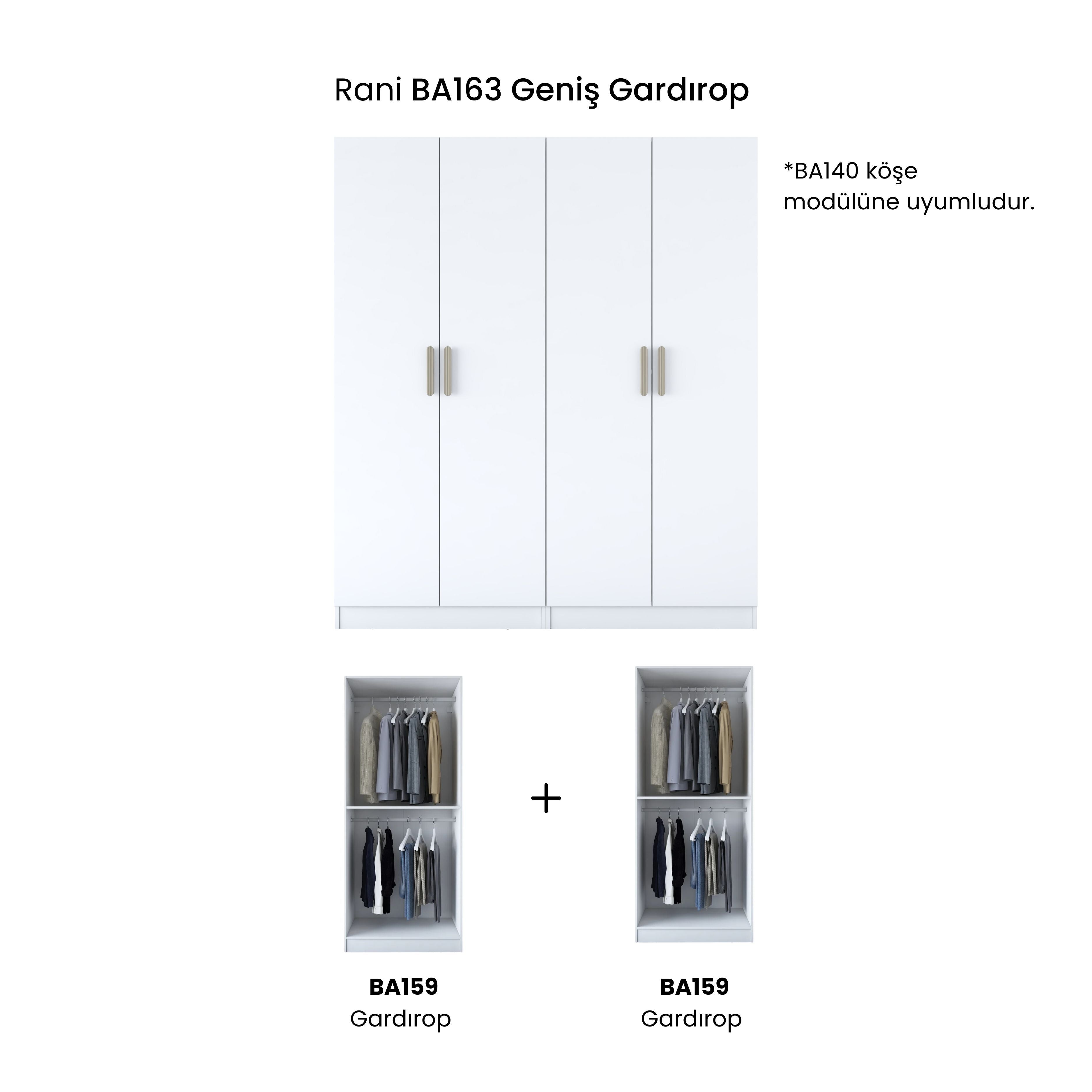 Rani BA163 geniş gardırop elbise dolabı beyaz renkli, 4 kapaklı modüler dolap modeli; 2 raflı ve 4 askılı geniş iç hacimli, modern tasarımlı yatak odası gardırop çözümü