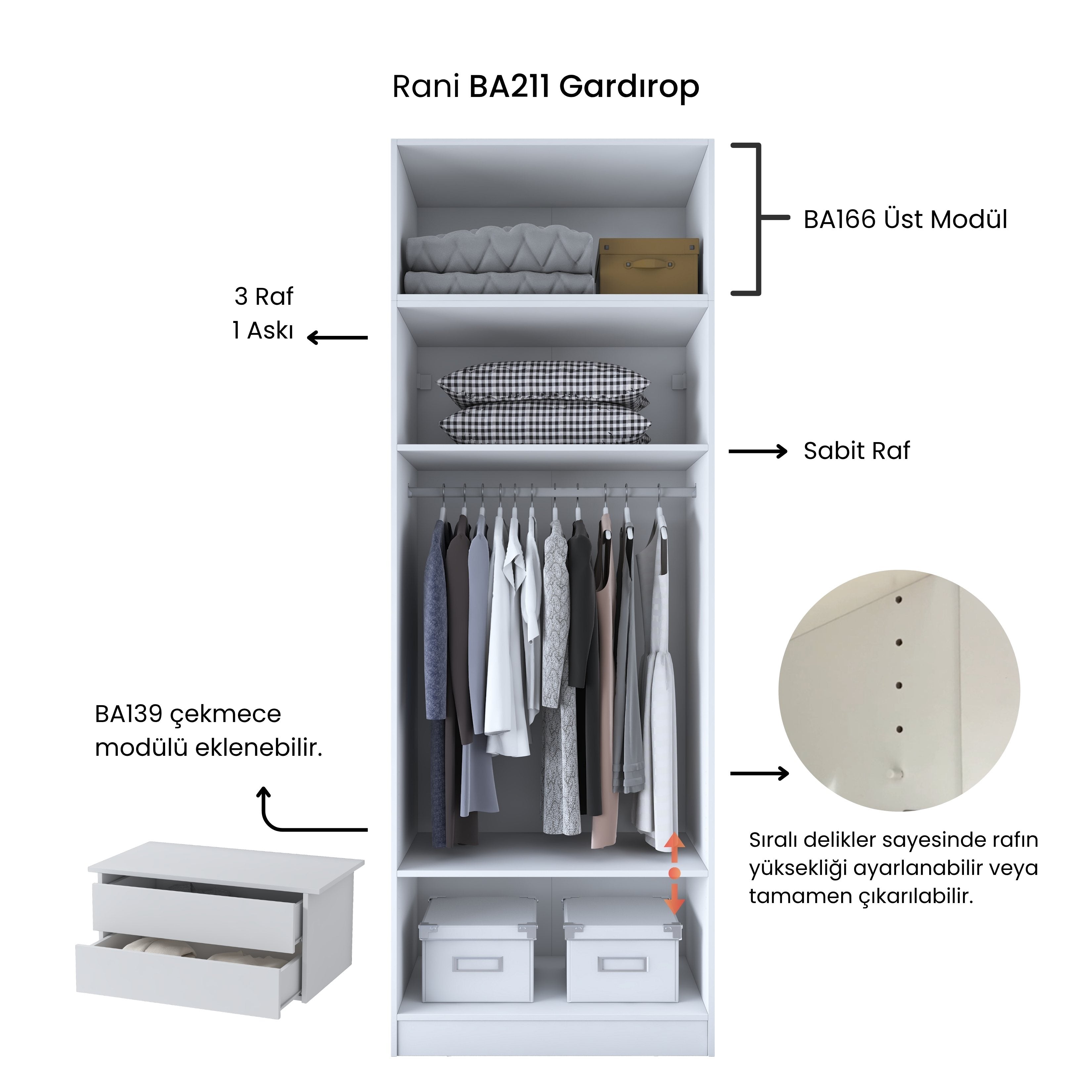 Rani BA211 Gardırop 2 Kapaklı 3 Raflı Askılı Elbise Dolabı Beyaz