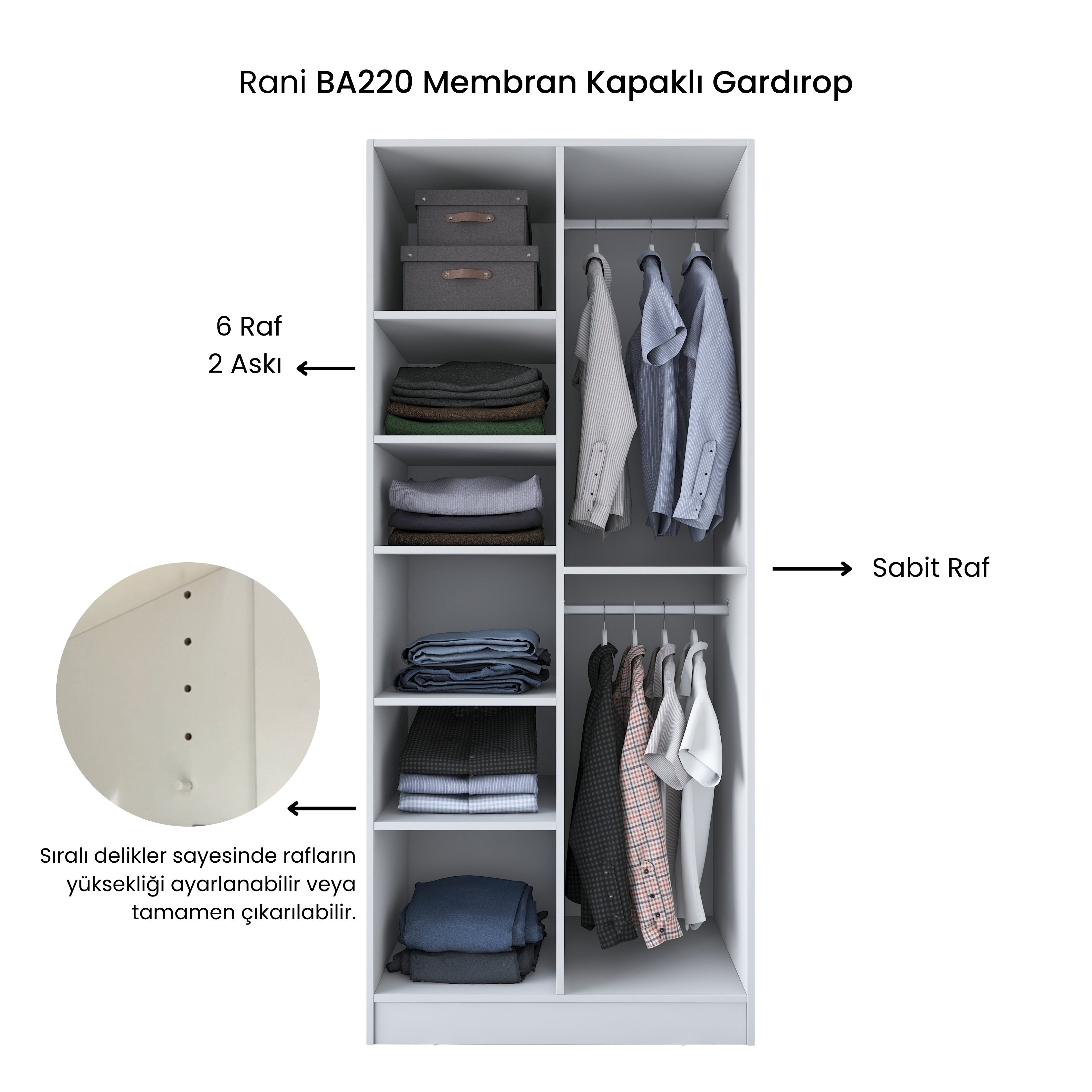 Rani BA220 Membran Kapaklı Gardırop 2 Kapaklı 6 Raflı 2 Askılı Elbise Dolabı Beyaz