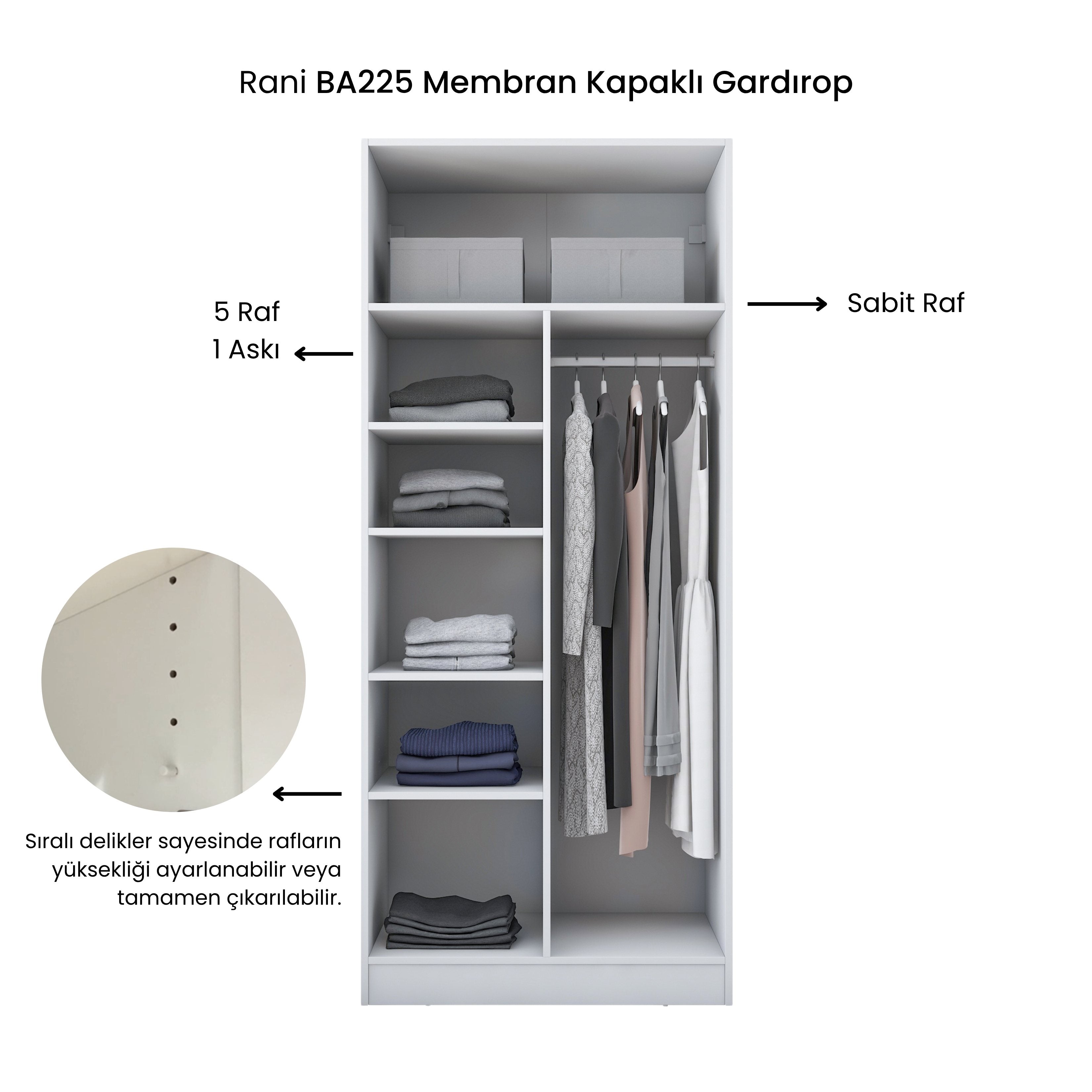 Rani BA225 Membran Kapaklı Gardırop 2 Kapaklı 5 Raflı Askılı Elbise Dolabı Beyaz