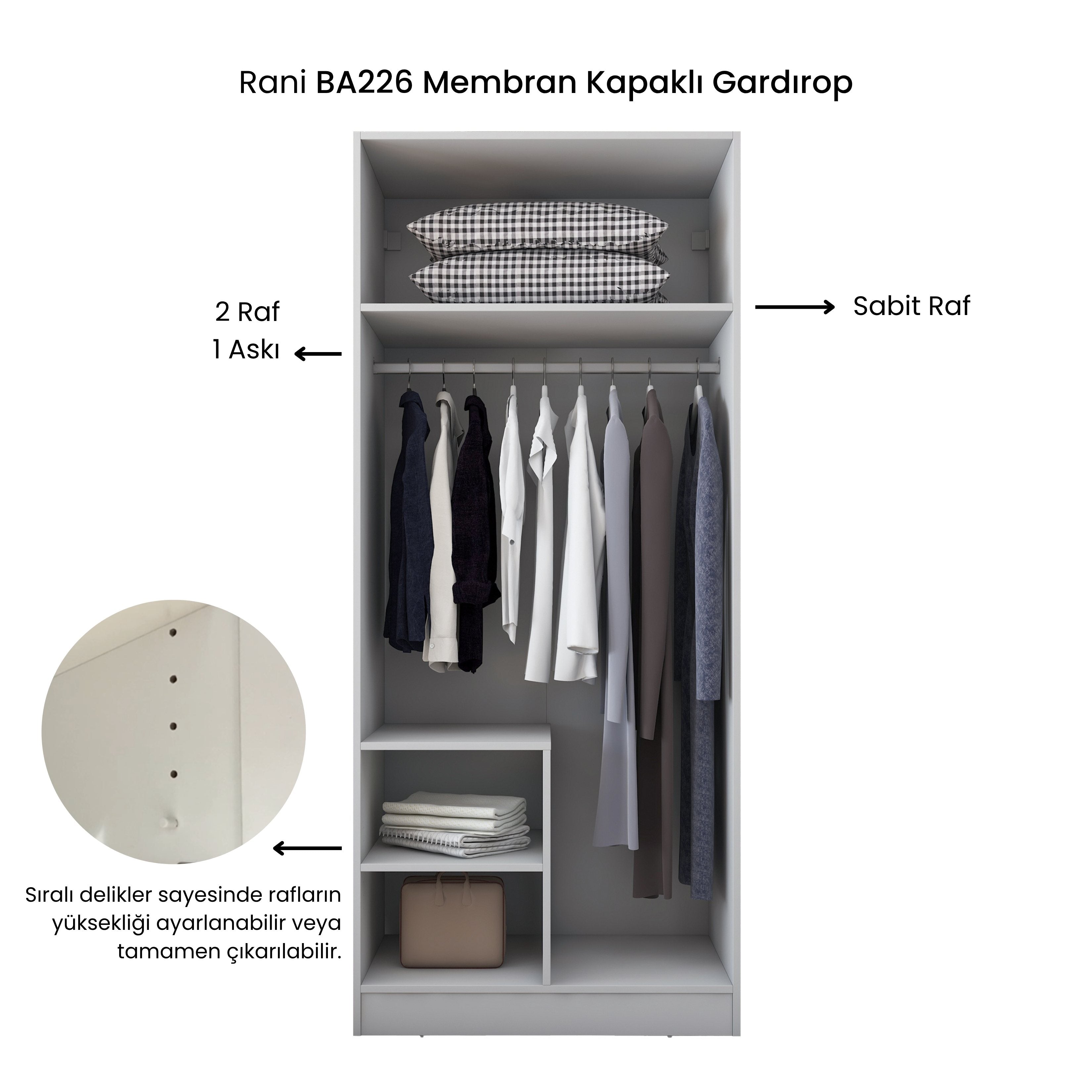 Rani BA226 Membran Kapaklı Gardırop 2 Kapaklı 2 Raflı Askılı Elbise Dolabı Beyaz