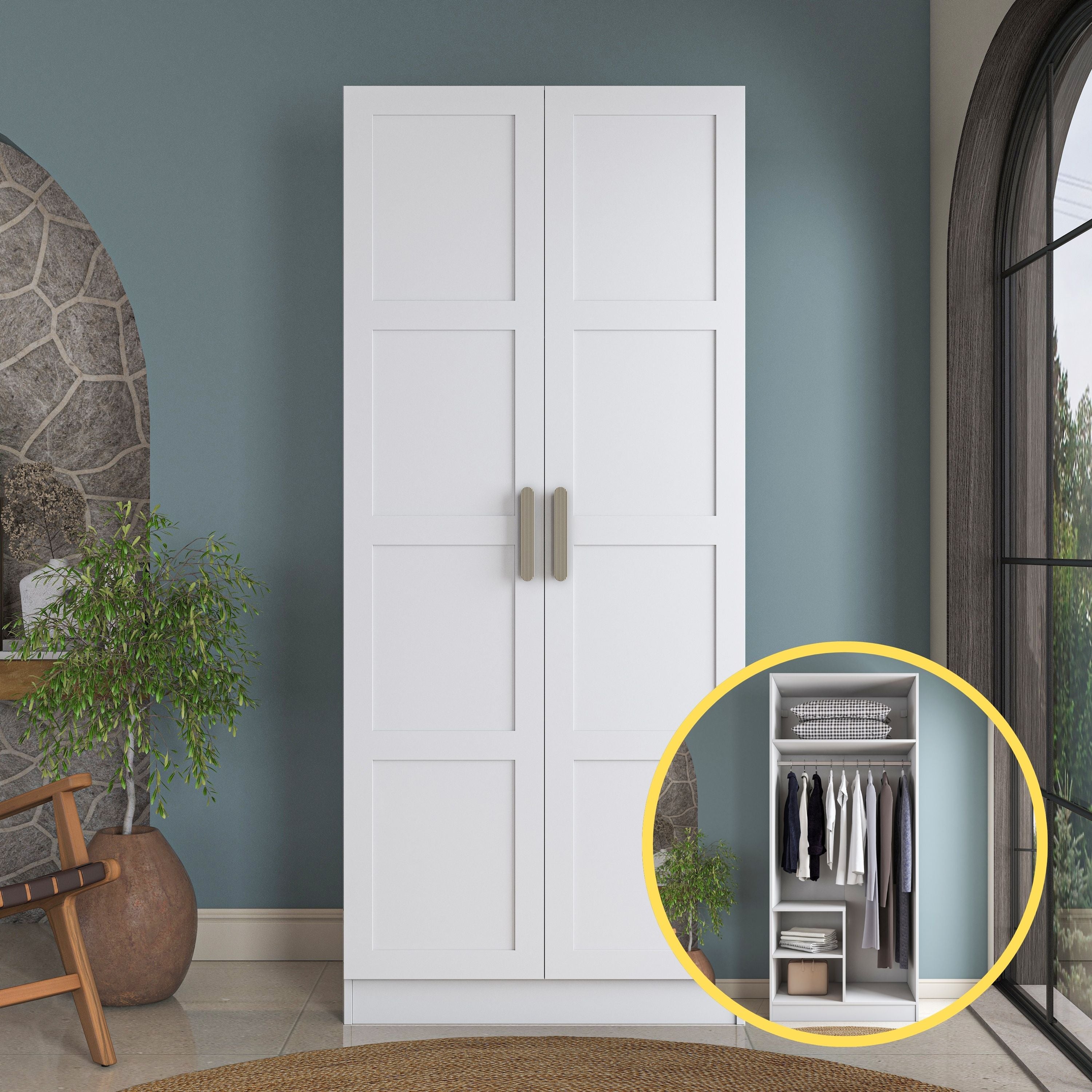 Rani BA227 Membran Kapaklı Gardırop 2 Raflı 2 Kapaklı Askılı Elbise Dolabı Beyaz