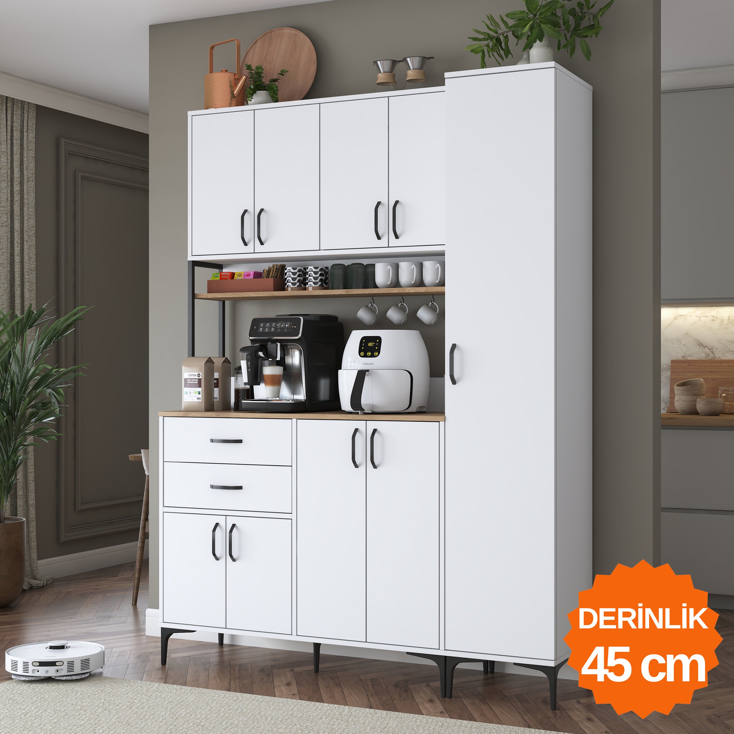 マレニア★6体セット Rani JE266 Çok Amaçlı Dolap 9 Kapaklı Çekmeceli Raflı Kiler Mutfak Dol