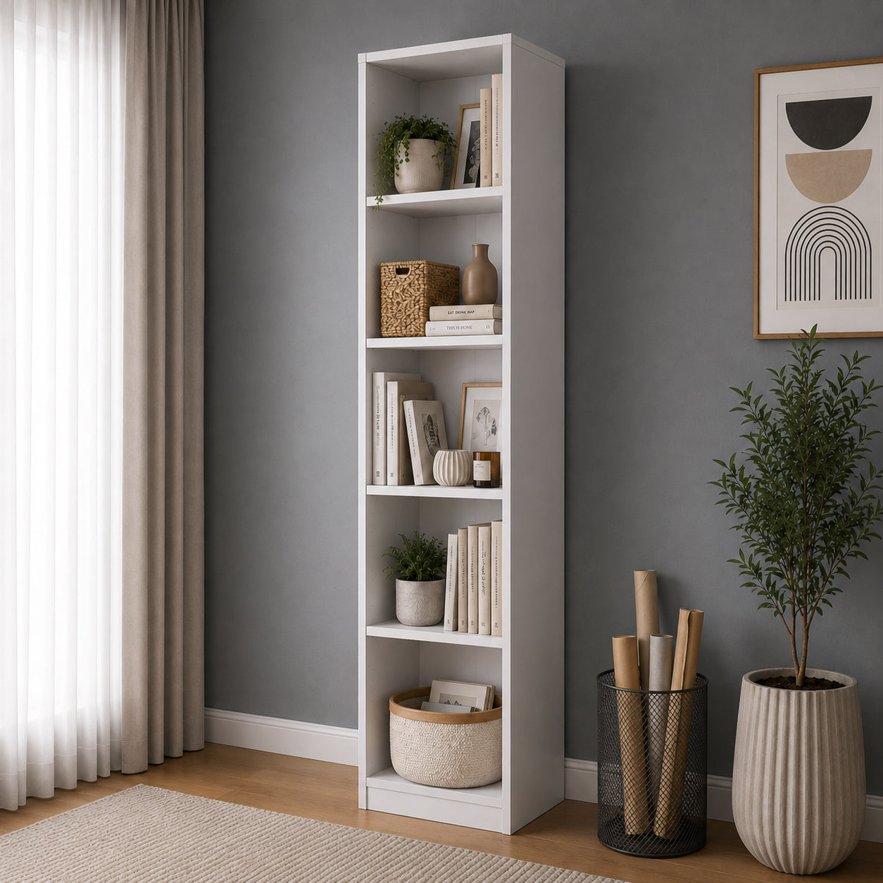 Rani HC111 Kitaplık 5 Raflı Çalışma Odası Kütüphane Modern Duvar Rafı Beyaz