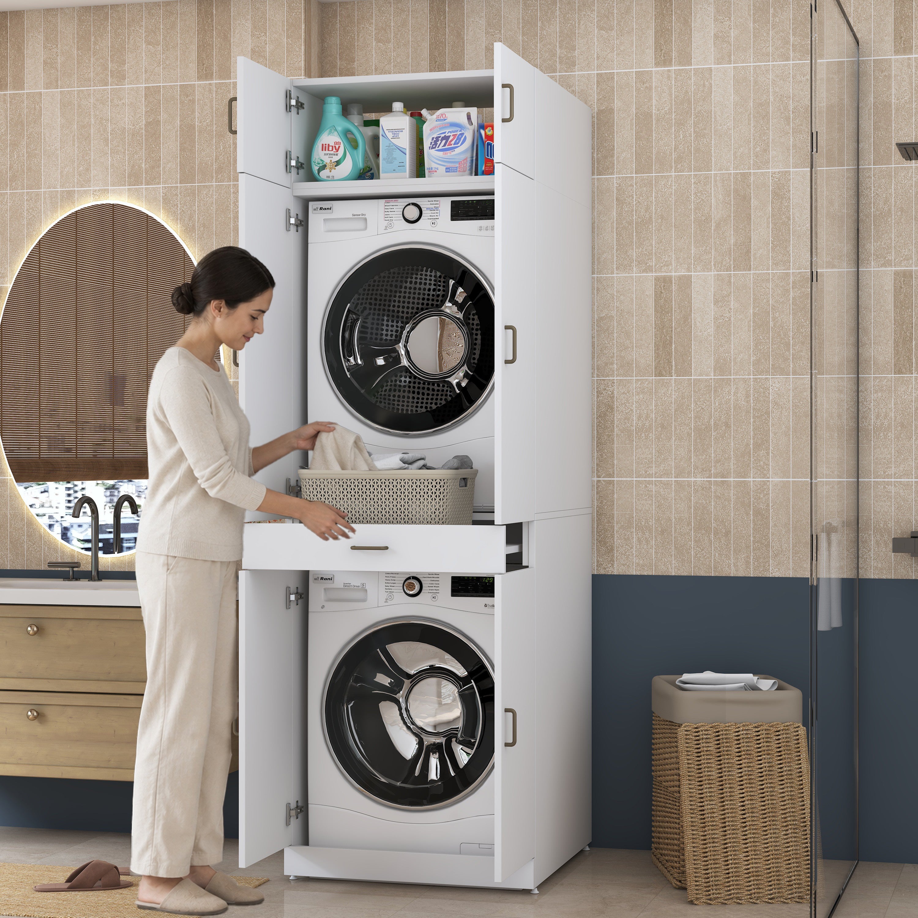 Rani KD143 Çamaşır Ve Kurutma Makinesi Dolabı Çekmeceli Raflı Banyo Dolabı Beyaz