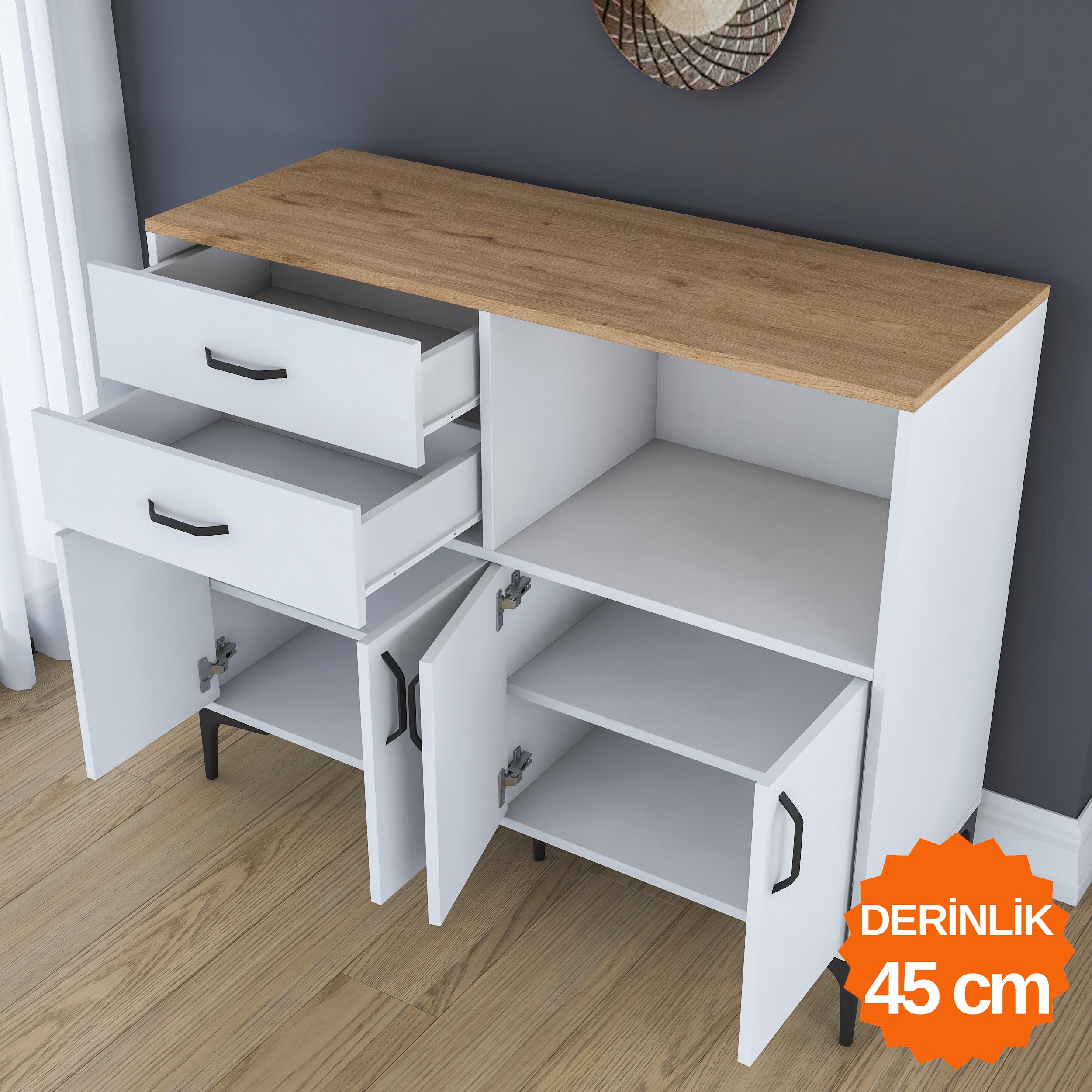 Rani JE206 Kahve Köşesi Çok Amaçlı Dolap 4 Kapaklı 2 Çekmeceli Kiler Mutfak Dolabı Beyaz - Sepet Ceviz