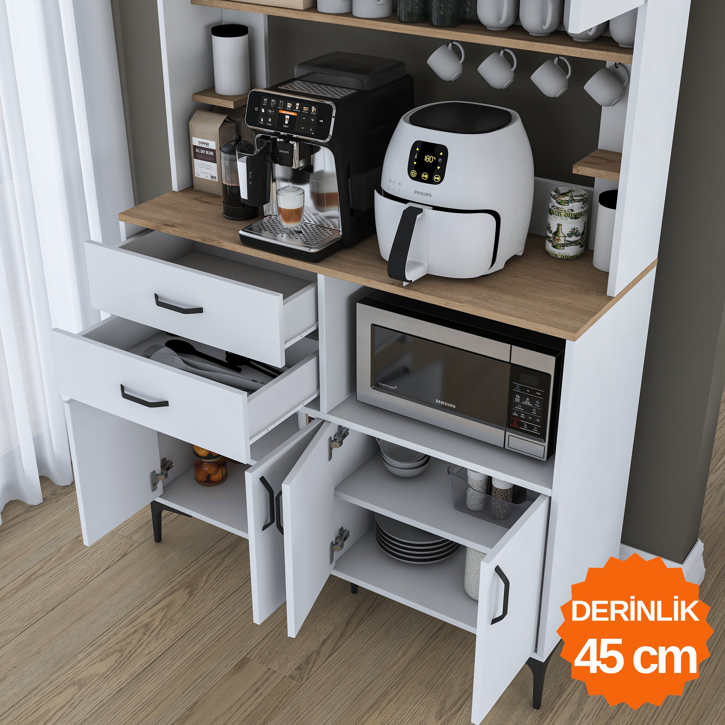 Rani JE208 Çok Amaçlı Dolap 8 Kapaklı 2 Çekmeceli Kiler Mutfak Dolabı  Beyaz - Sepet Ceviz