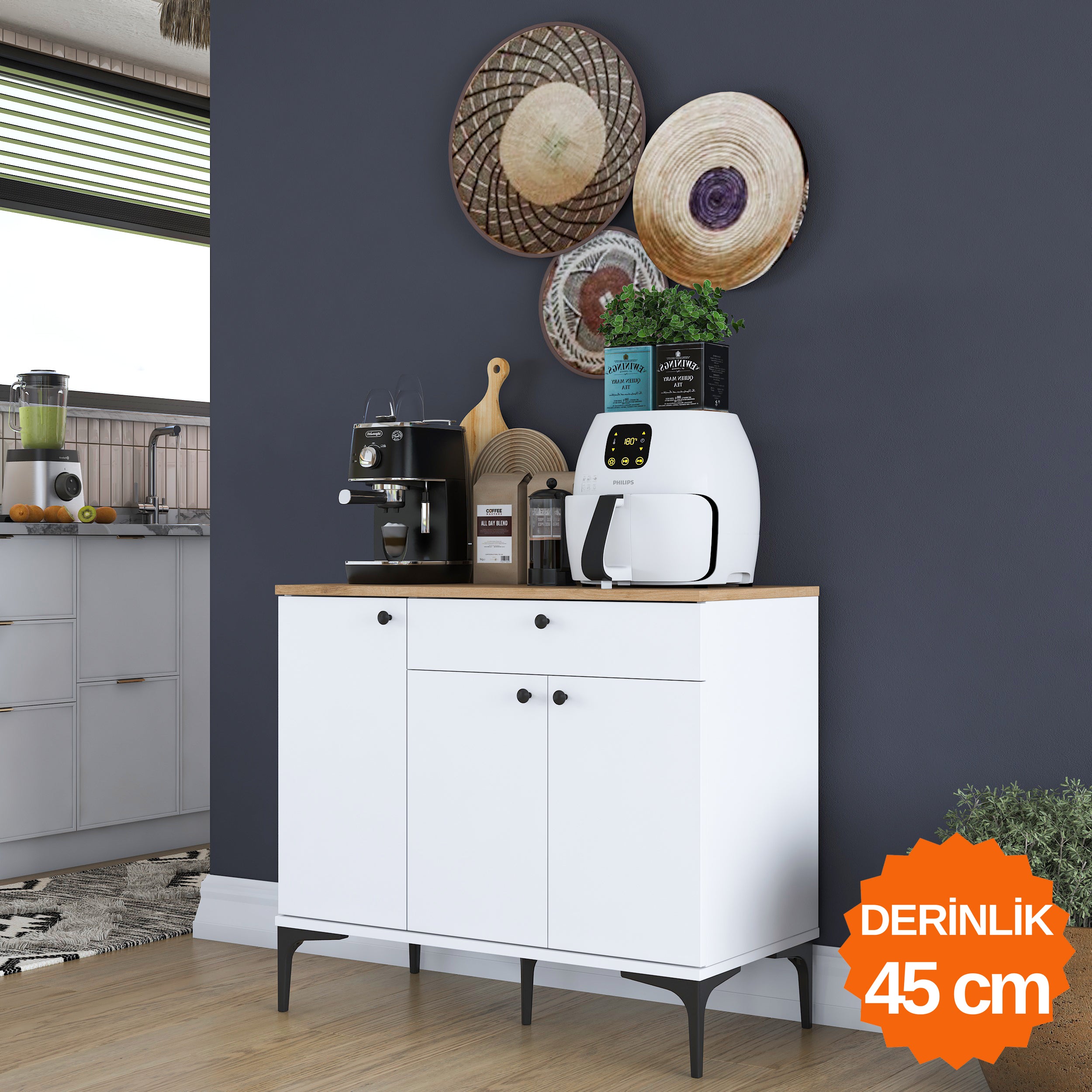 レオページ Rani JE194 Kahve Köşesi Çok Amaçlı Dolap 3 Kapaklı 1 Çekmeceli Kiler M