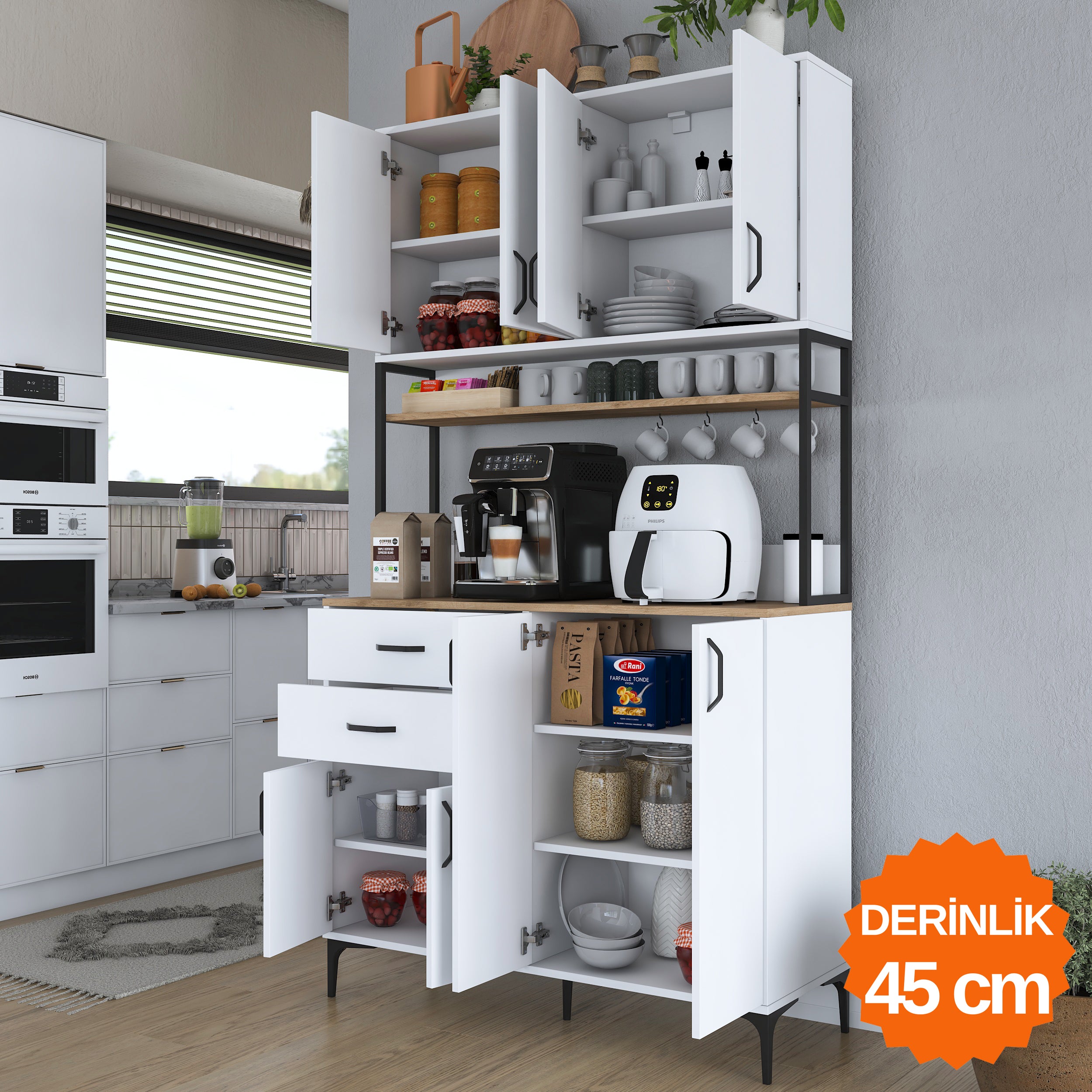 Rani JE213 Kahve Köşesi Çok Amaçlı Dolap 8 Kapaklı 2 Çekmeceli Raflı Kiler Mutfak Dolabı Beyaz - Sepet Ceviz