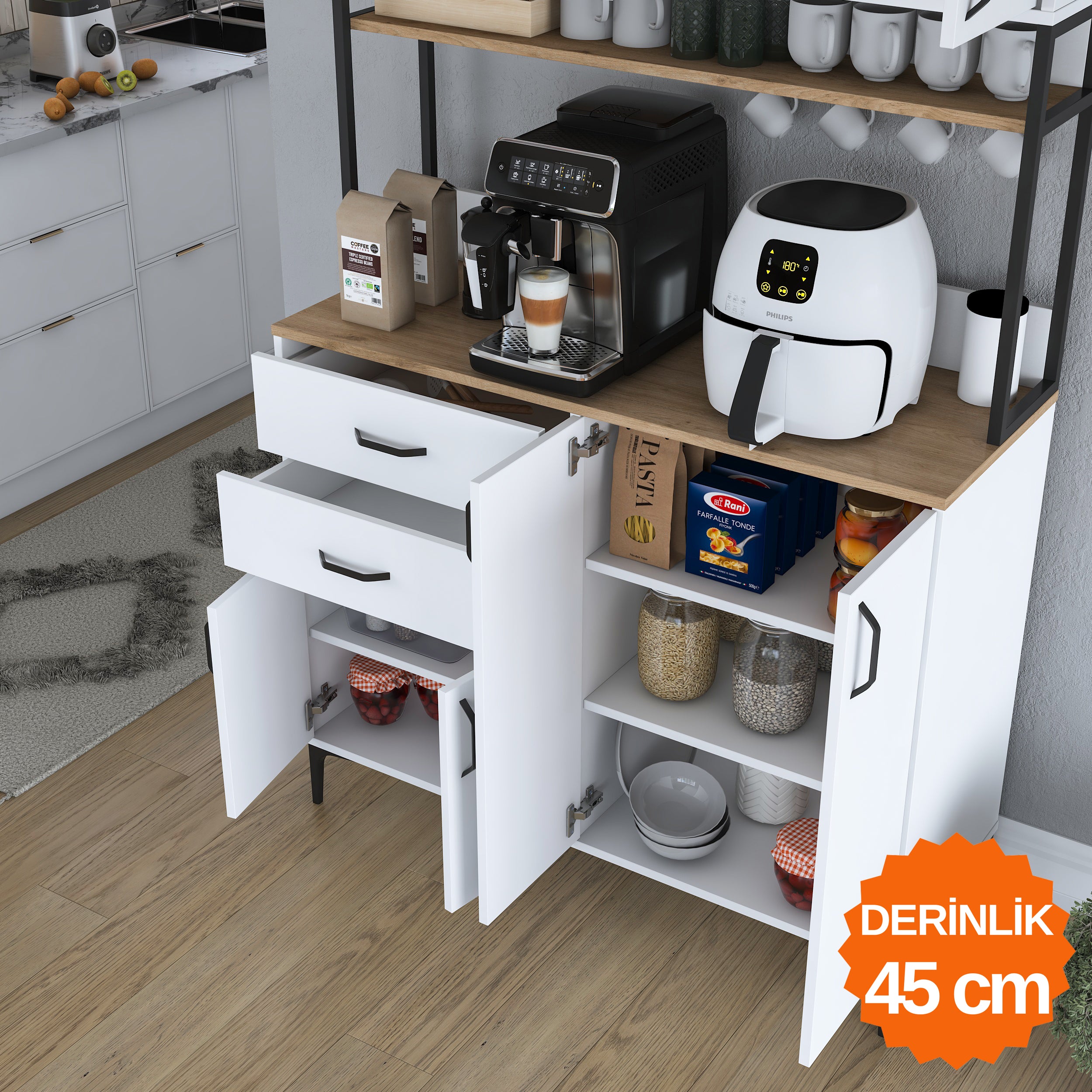 Rani JE213 Kahve Köşesi Çok Amaçlı Dolap 8 Kapaklı 2 Çekmeceli Raflı Kiler Mutfak Dolabı Beyaz - Sepet Ceviz