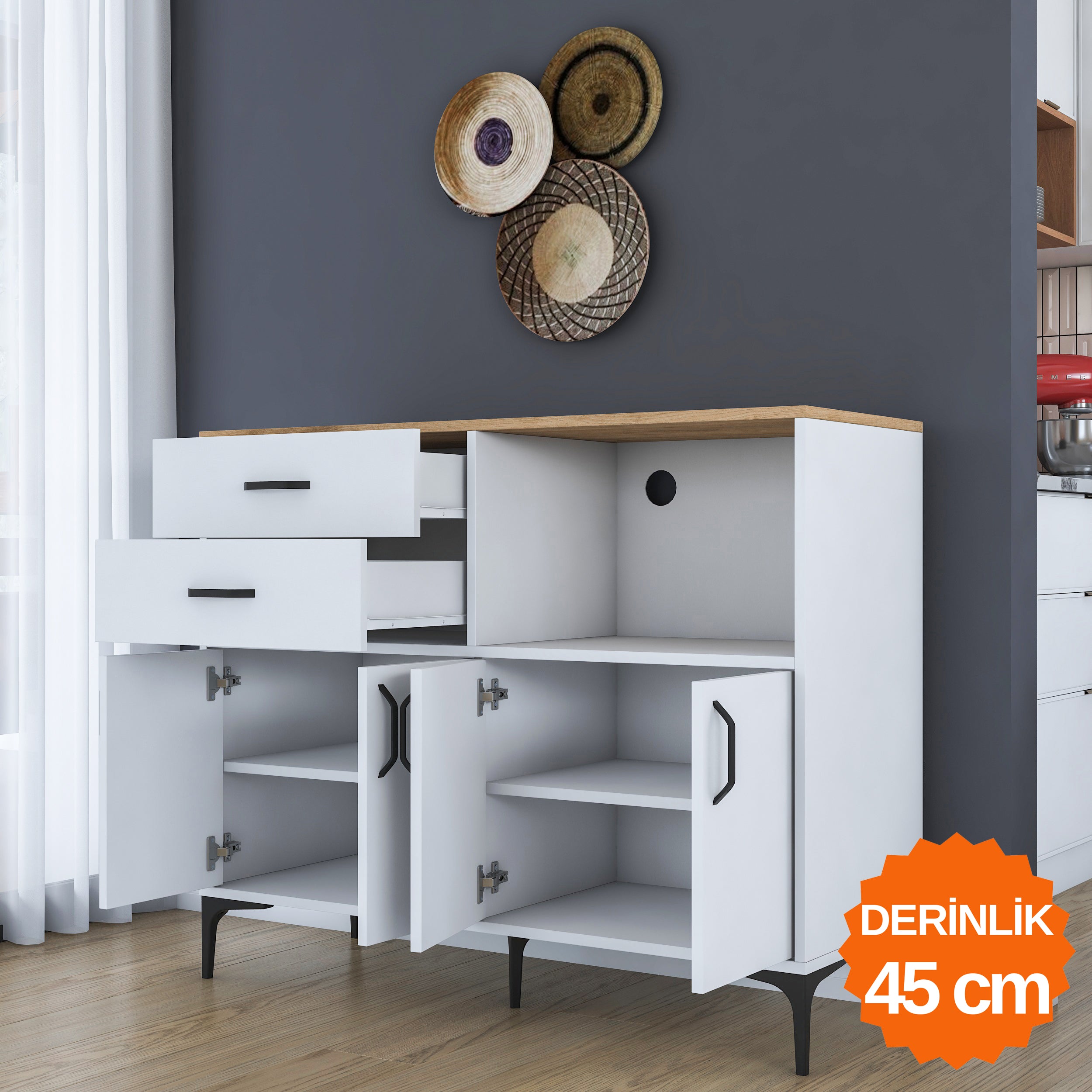 Rani JE206 Kahve Köşesi Çok Amaçlı Dolap 4 Kapaklı 2 Çekmeceli Kiler Mutfak Dolabı Beyaz - Sepet Ceviz