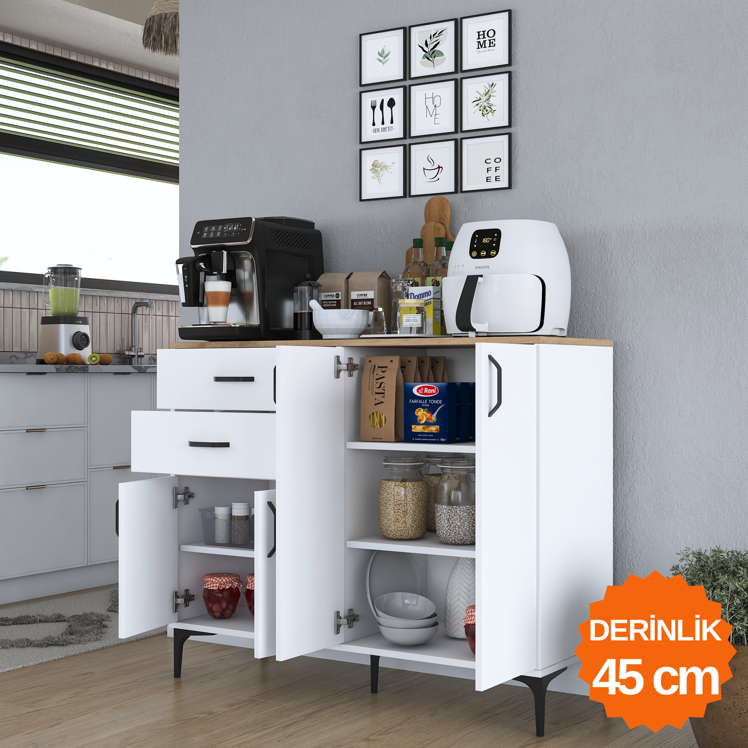 Rani JE210 Kahve Köşesi Çok Amaçlı Dolap 4 Kapaklı 2 Çekmeceli Kiler Mutfak Dolabı Beyaz - Sepet Ceviz