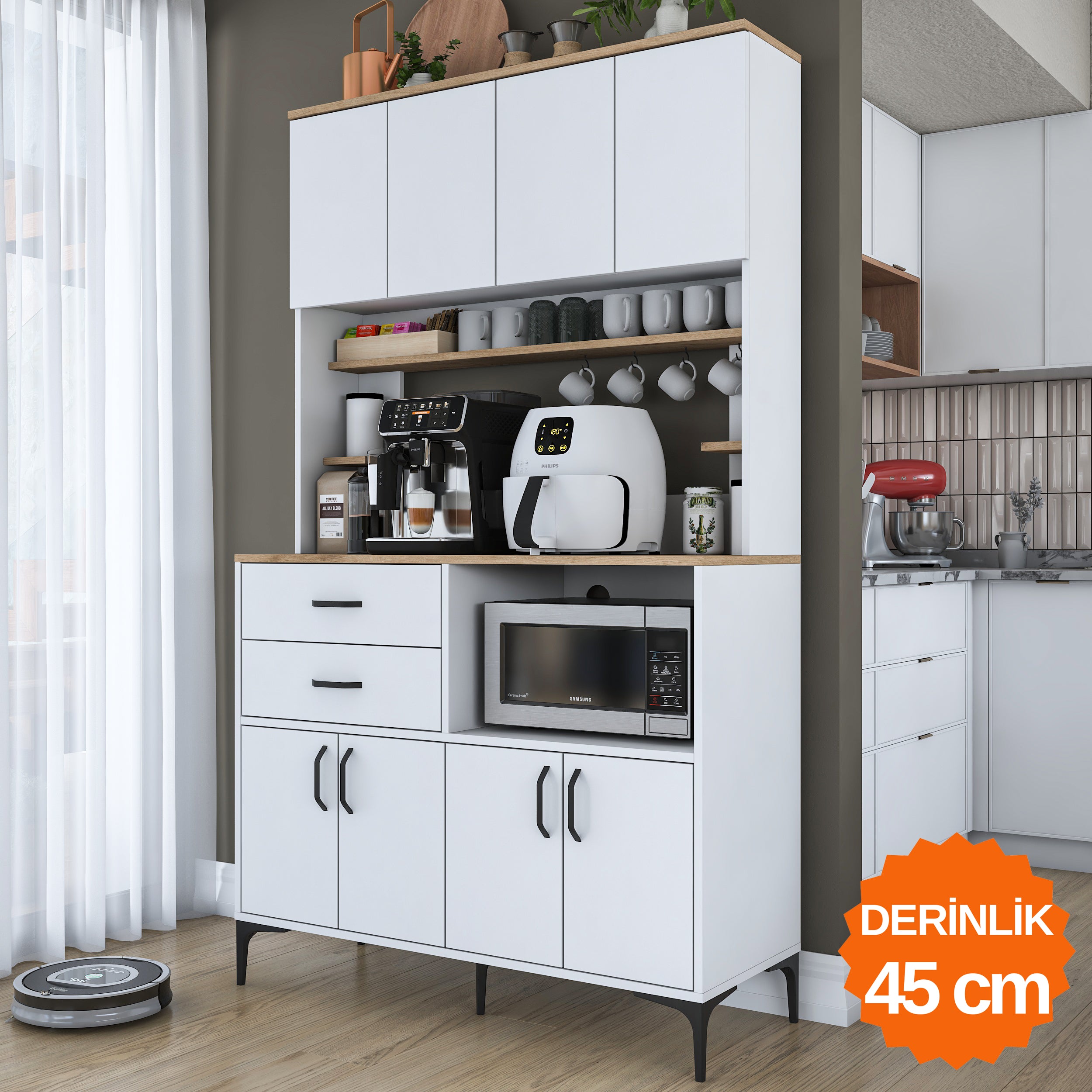 Rani JE208 Çok Amaçlı Dolap 8 Kapaklı 2 Çekmeceli Kiler Mutfak Dolabı  Beyaz - Sepet Ceviz