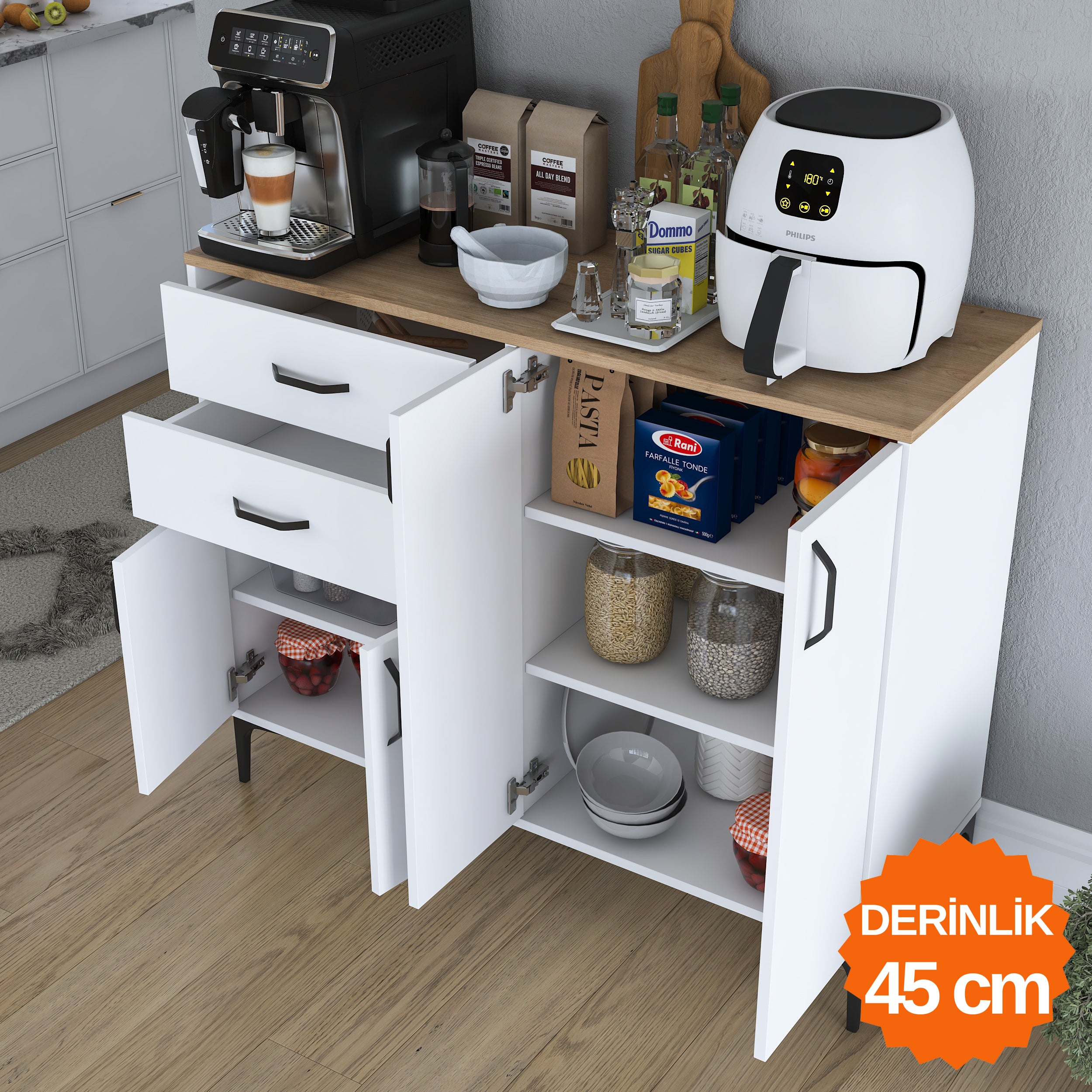 Rani JE210 Kahve Köşesi Çok Amaçlı Dolap 4 Kapaklı 2 Çekmeceli Kiler Mutfak Dolabı Beyaz - Sepet Ceviz