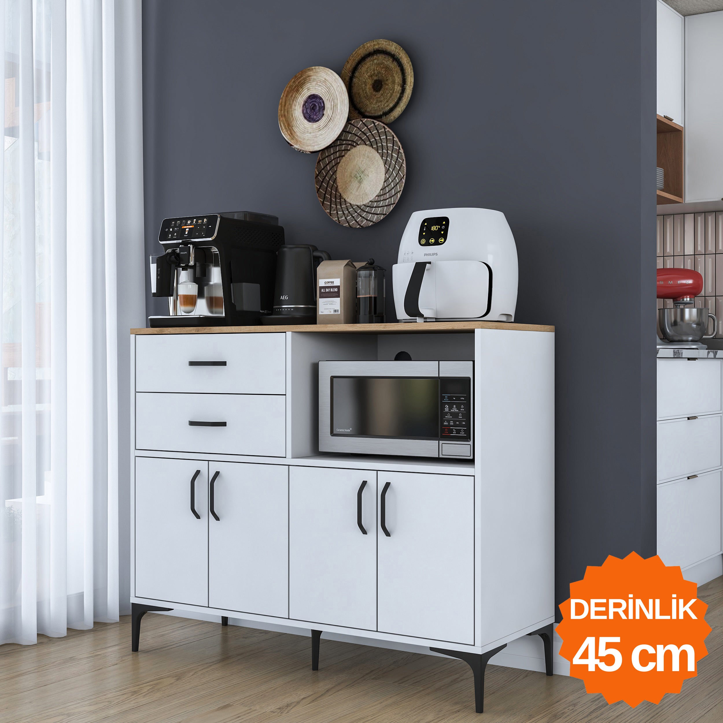 Rani JE206 Kahve Köşesi Çok Amaçlı Dolap 4 Kapaklı 2 Çekmeceli Kiler Mutfak Dolabı Beyaz - Sepet Ceviz