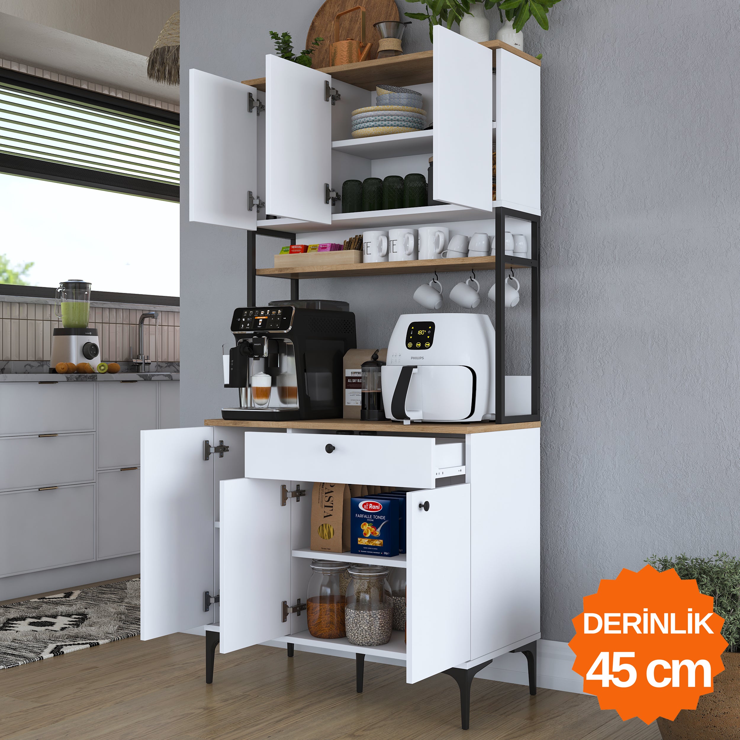 Rani JE197 Çok Amaçlı Dolap 6 Kapaklı 1 Çekmeceli Kiler Mutfak Dolabı Sepet Ceviz - Beyaz