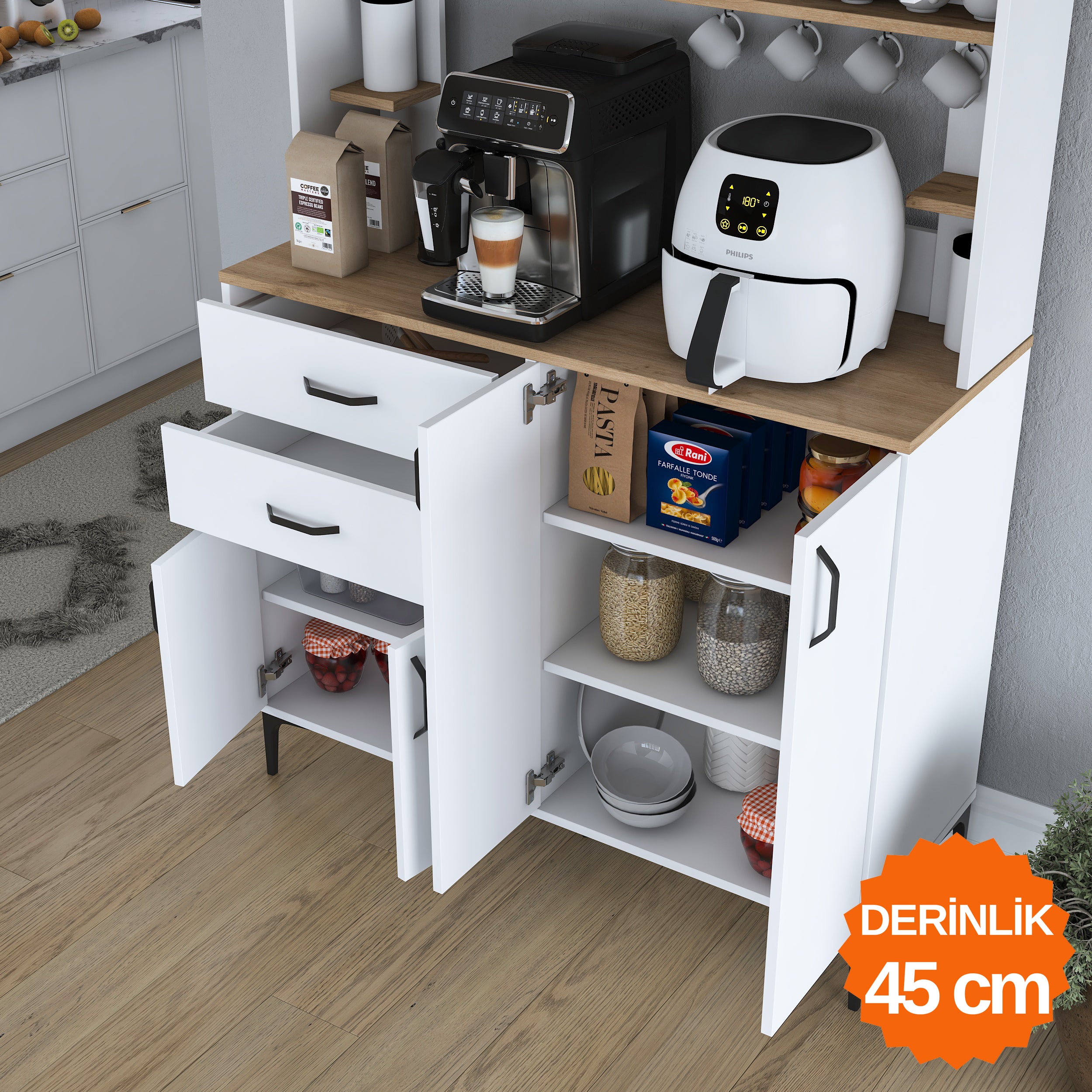 Rani JE212 Kahve Köşesi Çok Amaçlı Dolap 8 Kapaklı 2 Çekmeceli Raflı Kiler Mutfak Dolabı Beyaz - Sepet Ceviz