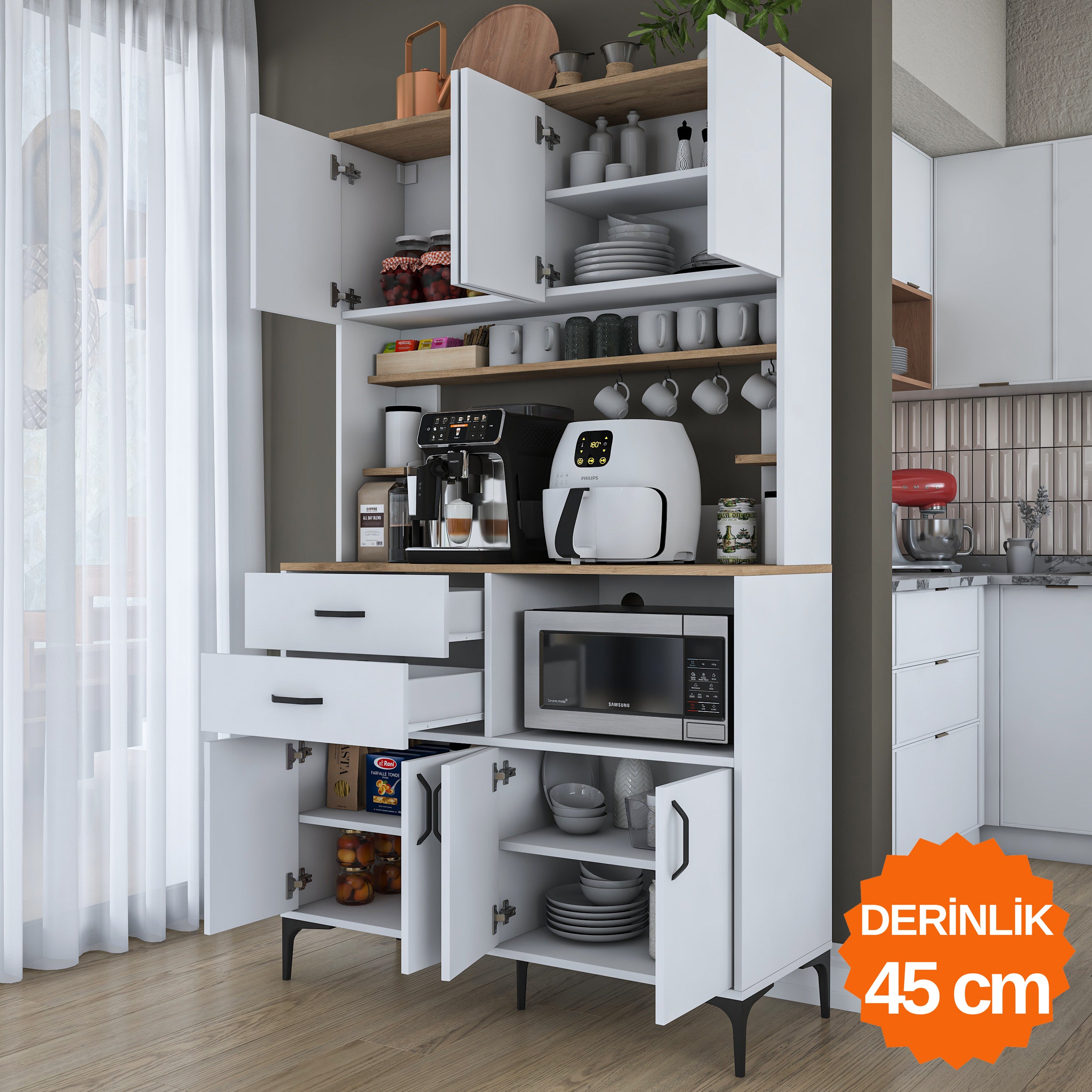 Rani JE208 Çok Amaçlı Dolap 8 Kapaklı 2 Çekmeceli Kiler Mutfak Dolabı  Beyaz - Sepet Ceviz