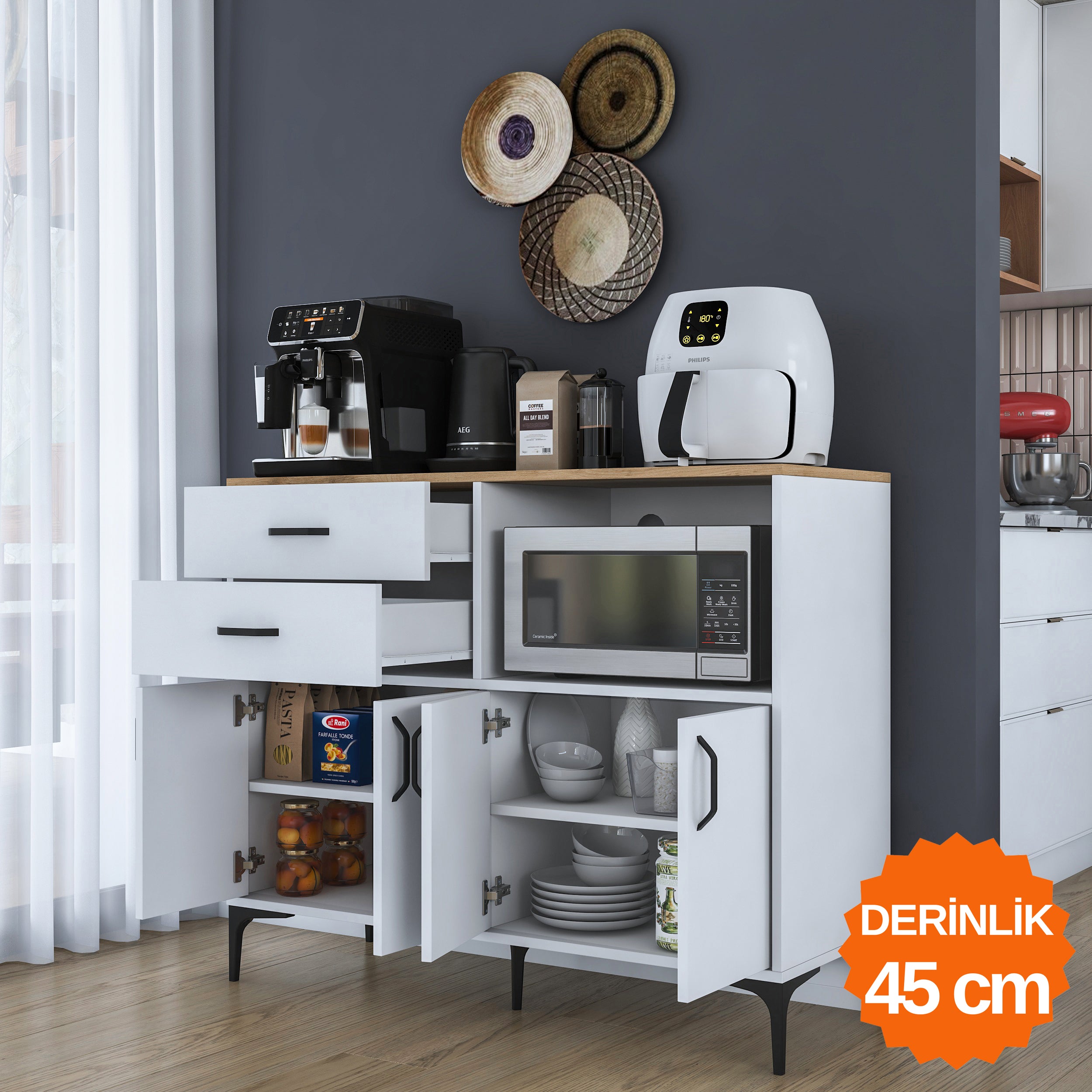 Rani JE206 Kahve Köşesi Çok Amaçlı Dolap 4 Kapaklı 2 Çekmeceli Kiler Mutfak Dolabı Beyaz - Sepet Ceviz