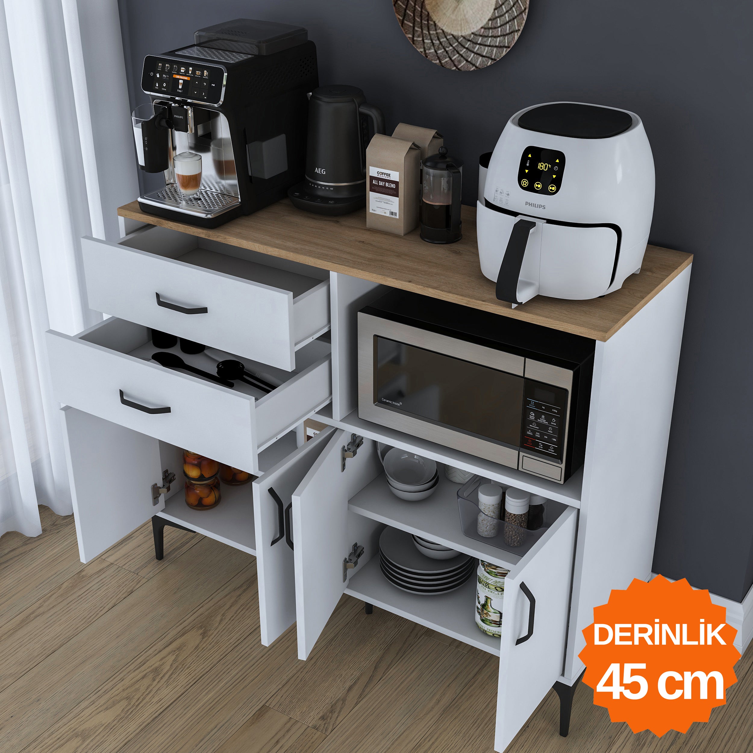 Rani JE206 Kahve Köşesi Çok Amaçlı Dolap 4 Kapaklı 2 Çekmeceli Kiler Mutfak Dolabı Beyaz - Sepet Ceviz