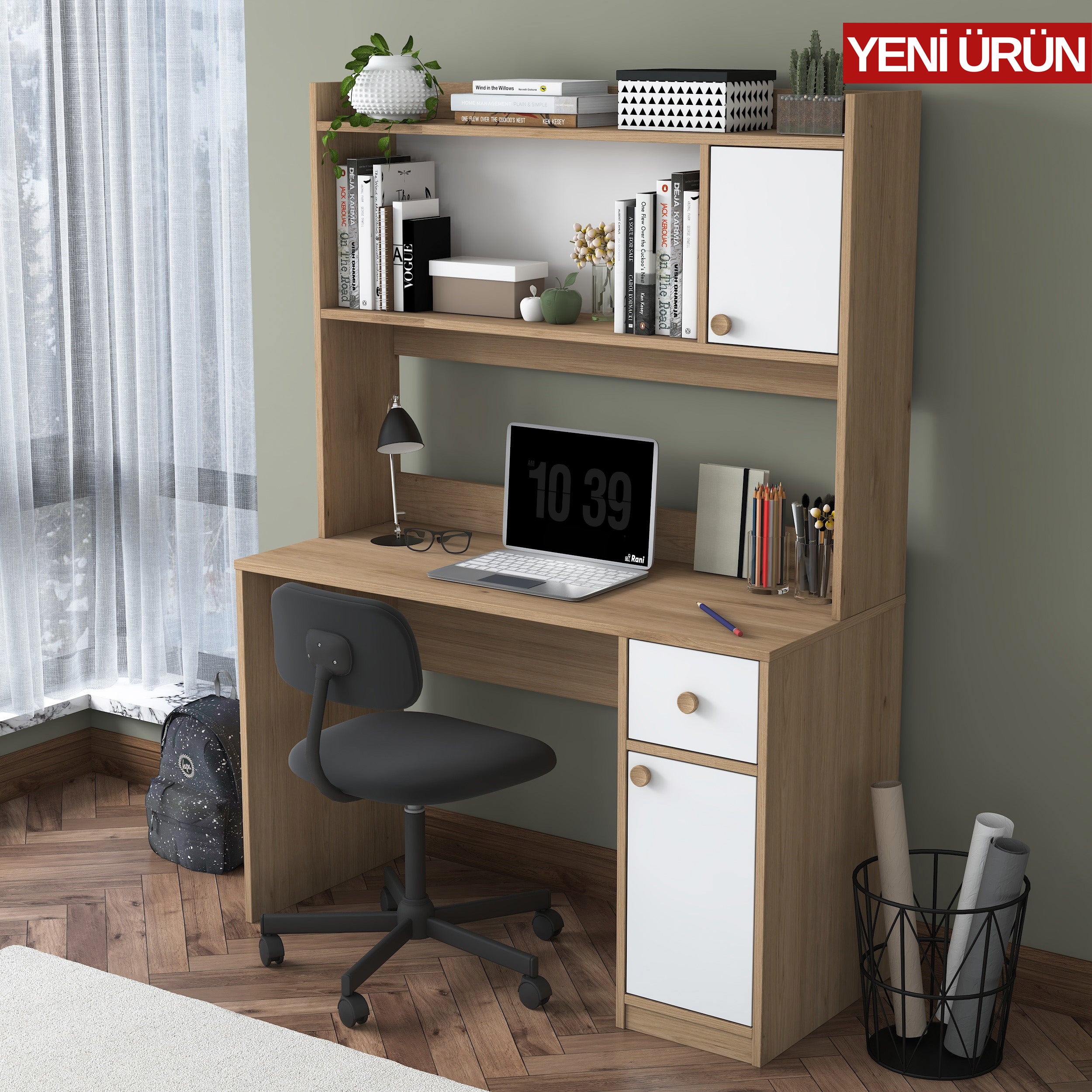 Rani HA127 Kitaplıklı Raflı 2 Kapaklı 1 Çekmeceli Çalışma Ofis Bilgisayar Masası Sepet Ceviz - Beyaz