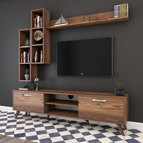 Rani A9 Duvar Raflı Tv Ünitesi Kitaplıklı Tv Sehpası Duvara Monte Raflı Modern Ayaklı 180 cm Minyatür Ceviz M16