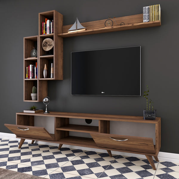 Rani A9 Duvar Raflı Tv Ünitesi Kitaplıklı Tv Sehpası Duvara Monte Raflı Modern Ayaklı 180 cm Minyatür Ceviz M16