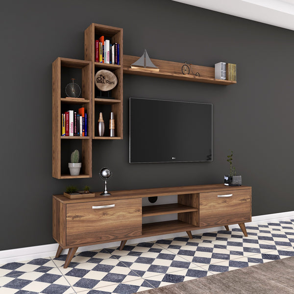 Rani A9 Duvar Raflı Tv Ünitesi Kitaplıklı Tv Sehpası Duvara Monte Raflı Modern Ayaklı 180 cm Minyatür Ceviz M16