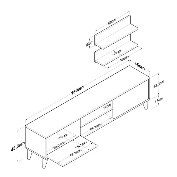 Rani A9 Duvar Raflı Tv Ünitesi Kitaplıklı Tv Sehpası Modern Ayaklı 180 cm Minyatür Ceviz M48