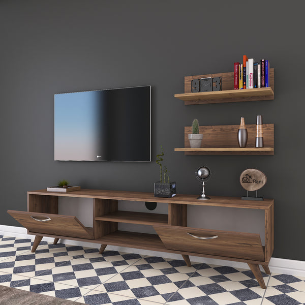 Rani A9 Duvar Raflı Tv Ünitesi Kitaplıklı Tv Sehpası Modern Ayaklı 180 cm Minyatür Ceviz M48