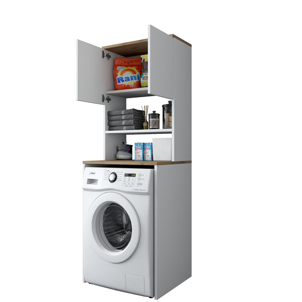 Rani KD101 Çamaşır Makinesi Dolabı 3 Raflı Kapaklı Banyo Dolabı Beyaz - Sepet Ceviz