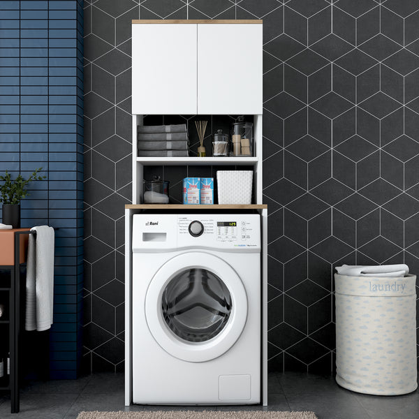 Rani KD101 Çamaşır Makinesi Dolabı 3 Raflı Kapaklı Banyo Dolabı Beyaz - Sepet Ceviz