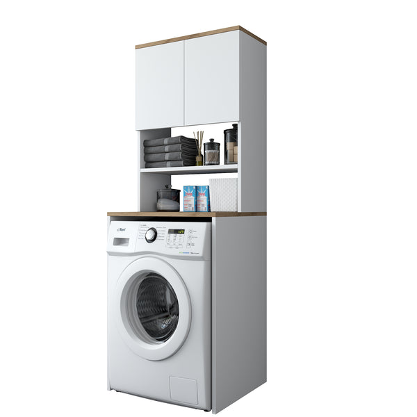 Rani KD101 Çamaşır Makinesi Dolabı 3 Raflı Kapaklı Banyo Dolabı Beyaz - Sepet Ceviz