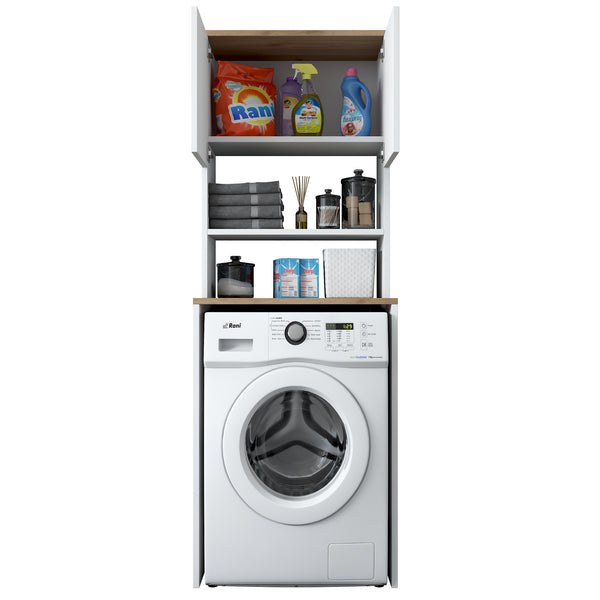 Rani KD101 Çamaşır Makinesi Dolabı 3 Raflı Kapaklı Banyo Dolabı Beyaz - Sepet Ceviz