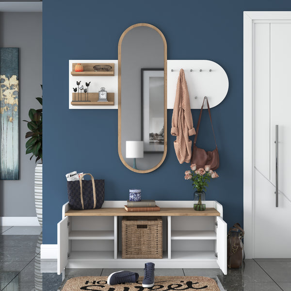 Rani EE101 Aynalı Vestiyer Modern Portmanto Duvar Askısı Ayakkabılık Renk: Beyaz - Sepet Ceviz