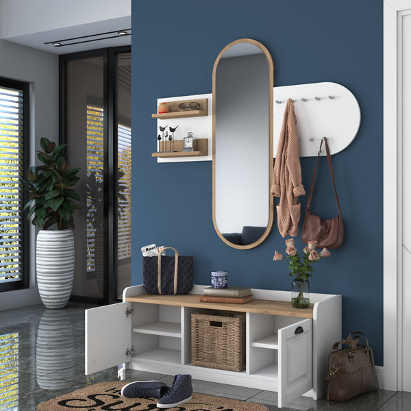 Rani EE101 Aynalı Vestiyer Modern Portmanto Duvar Askısı Ayakkabılık Renk: Beyaz - Sepet Ceviz