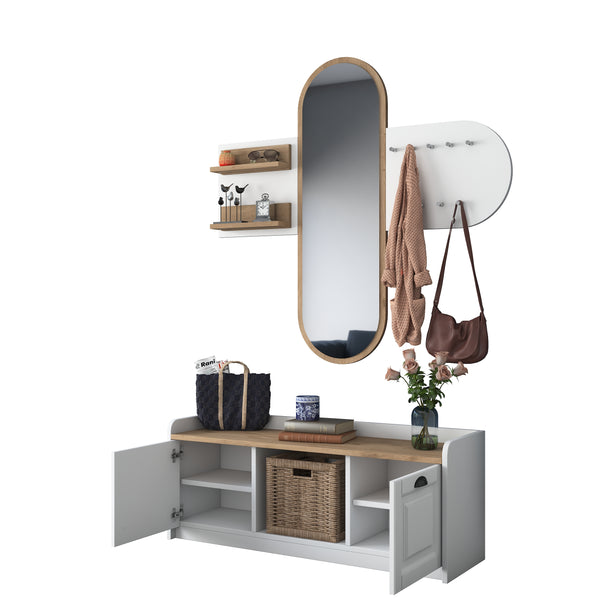 Rani EE101 Aynalı Vestiyer Modern Portmanto Duvar Askısı Ayakkabılık Renk: Beyaz - Sepet Ceviz