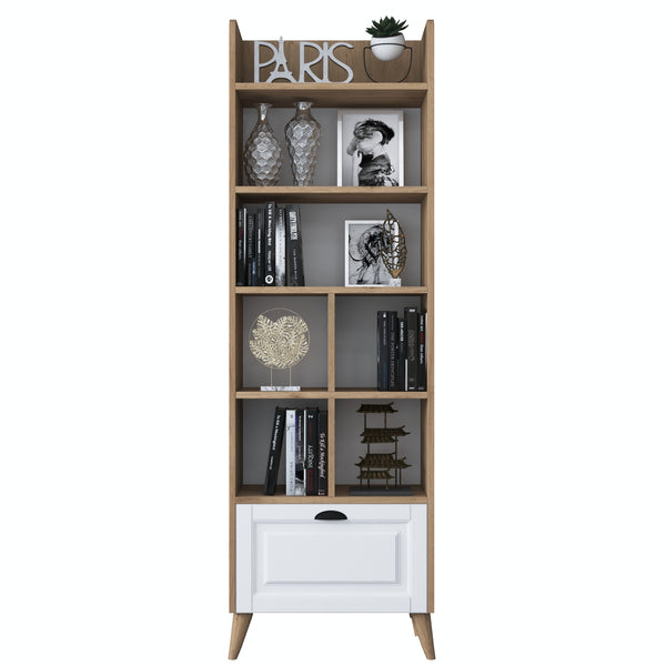Rani HC102 Membran Kapaklı Kitaplık 7 Raflı Modern Kütüphane Sepet Ceviz - Beyaz