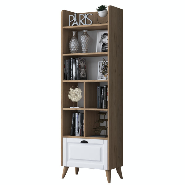Rani HC102 Membran Kapaklı Kitaplık 7 Raflı Modern Kütüphane Sepet Ceviz - Beyaz