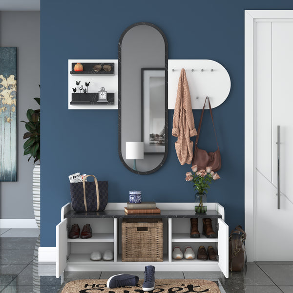 Rani EE101 Aynalı Vestiyer Modern Portmanto Duvar Askısı Ayakkabılık Beyaz Mermer Desenli