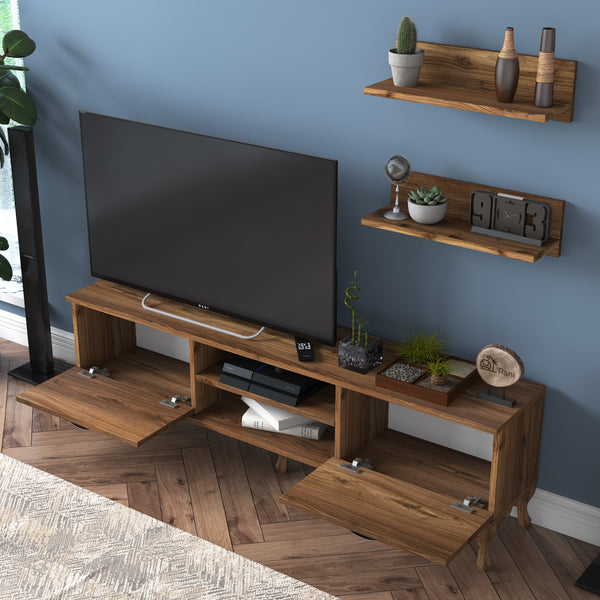 Rani A4 Duvar Raflı Tv Sehpası Kitaplıklı Tv Ünitesi Modern Ayaklı Tasarım 150 cm Minyatür Ceviz