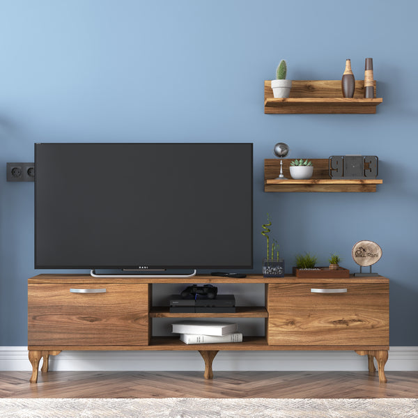 Rani A4 Duvar Raflı Tv Sehpası Kitaplıklı Tv Ünitesi Modern Ayaklı Tasarım 150 cm Minyatür Ceviz