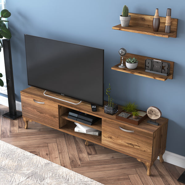 Rani A4 Duvar Raflı Tv Sehpası Kitaplıklı Tv Ünitesi Modern Ayaklı Tasarım 150 cm Minyatür Ceviz