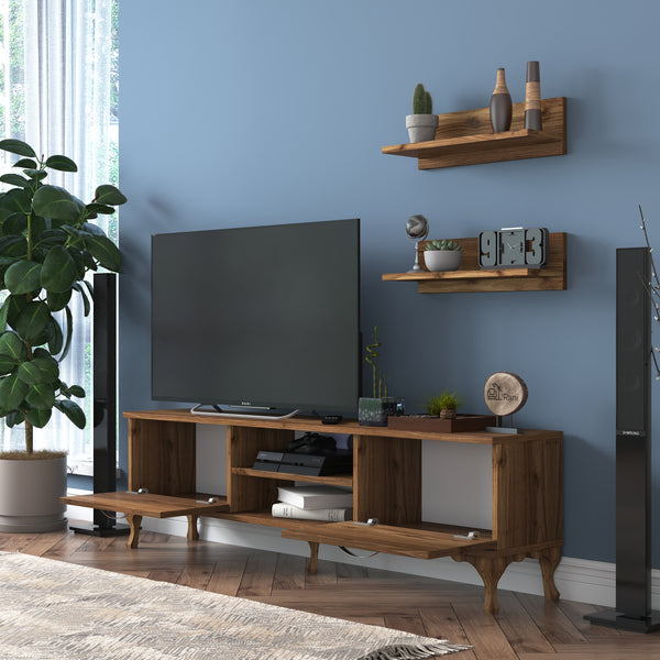 Rani A4 Duvar Raflı Tv Sehpası Kitaplıklı Tv Ünitesi Modern Ayaklı Tasarım 150 cm Minyatür Ceviz
