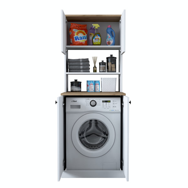 Rani KD102 Çamaşır Makinesi Dolabı Kapaklı 3 Raflı Üst Dolaplı Banyo Dolabı Beyaz - Sepet Ceviz