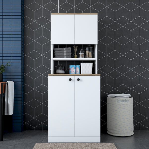 Rani KD102 Çamaşır Makinesi Dolabı Kapaklı 3 Raflı Üst Dolaplı Banyo Dolabı Beyaz - Sepet Ceviz