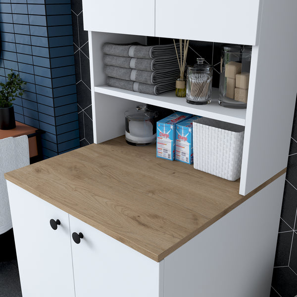Rani KD102 Çamaşır Makinesi Dolabı Kapaklı 3 Raflı Üst Dolaplı Banyo Dolabı Beyaz - Sepet Ceviz