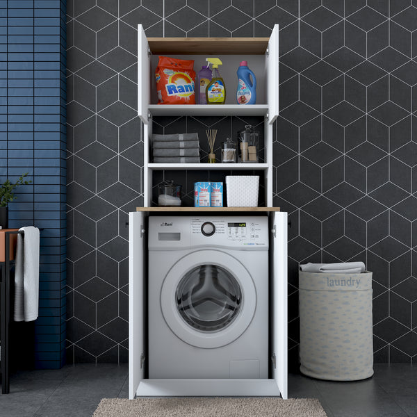 Rani KD102 Çamaşır Makinesi Dolabı Kapaklı 3 Raflı Üst Dolaplı Banyo Dolabı Beyaz - Sepet Ceviz