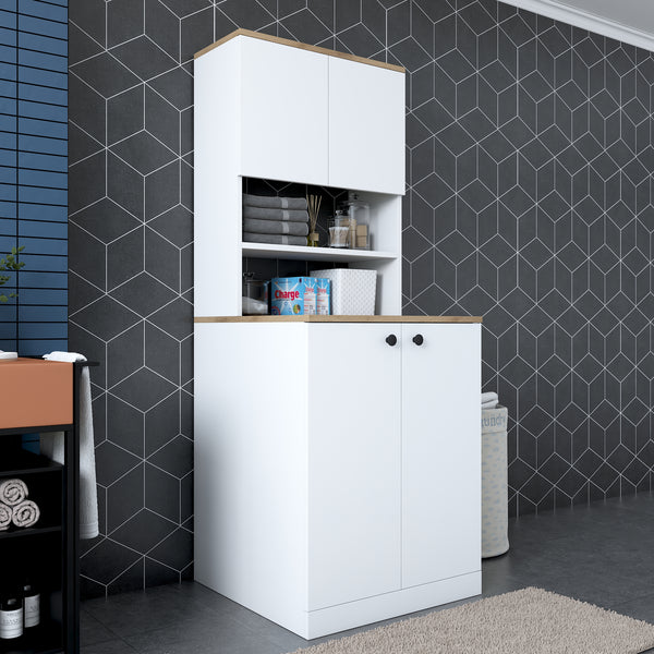 Rani KD102 Çamaşır Makinesi Dolabı Kapaklı 3 Raflı Üst Dolaplı Banyo Dolabı Beyaz - Sepet Ceviz
