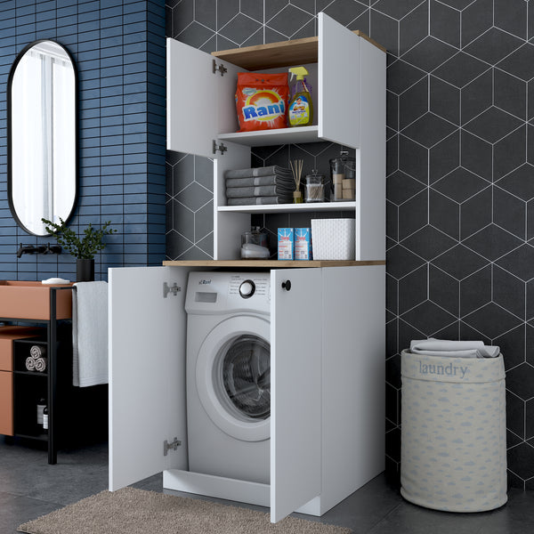 Rani KD102 Çamaşır Makinesi Dolabı Kapaklı 3 Raflı Üst Dolaplı Banyo Dolabı Beyaz - Sepet Ceviz